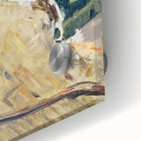 Close-up of a mid-century modernist art print featuring abstract forms in muted earth tones on acrylic glass.