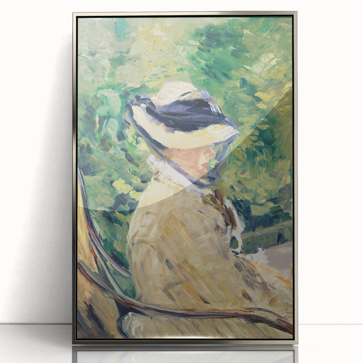 Mid-century modernist art depicting a silver-framed acrylic print of Edouard Manet's work, ideal for nursery wall art.