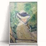 Art Deco poster of Edouard Manet's painting in white acrylic frame, featuring muted earth tones.