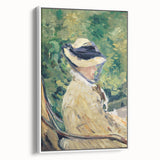 Vintage poster art of Edouard Manet's work on a framed canvas, featuring black background with colorful accents.