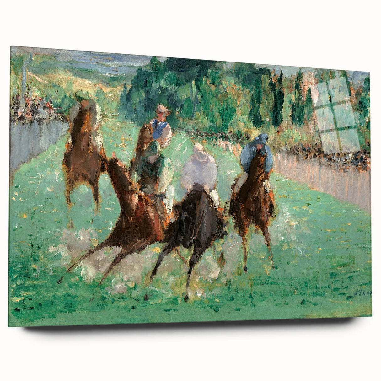 Side view of an Edouard Manet-inspired large abstract wall art on acrylic glass, featuring muted colors.
