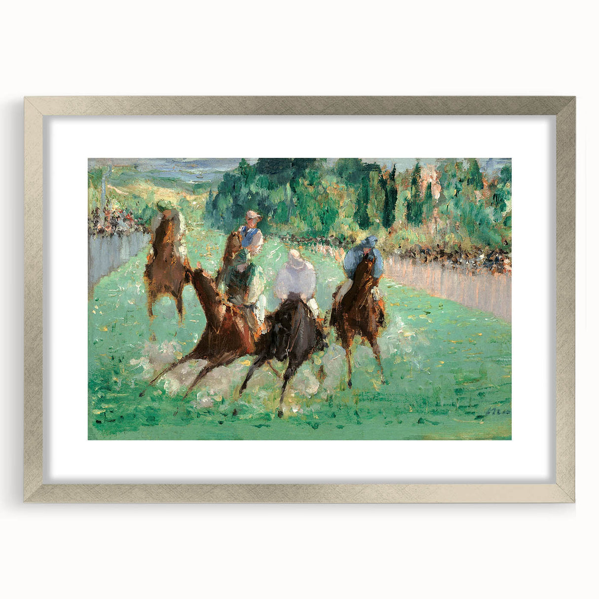 Textured abstract art print of Edouard Manet's work in a silver frame, featuring muted color tones, ideal for bedroom art.