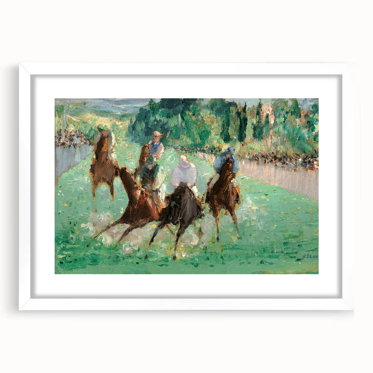 Abstract art print of a garden scene in muted green and blue tones, framed with a white mat, ideal for dining room decor.