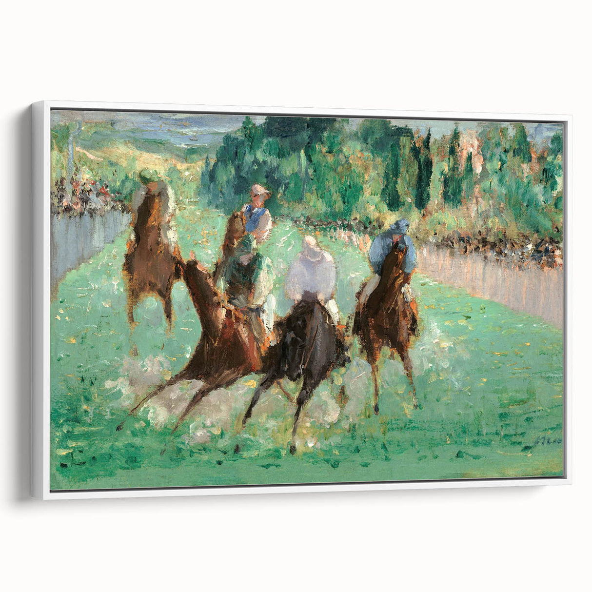 Framed vintage poster art of Edouard Manet's painting, featuring a black wall art palette with colorful accents.