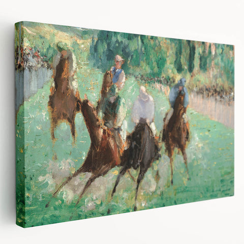Side view of an Edouard Manet-themed stretched canvas depicting a Parisian street scene in muted earth tones.