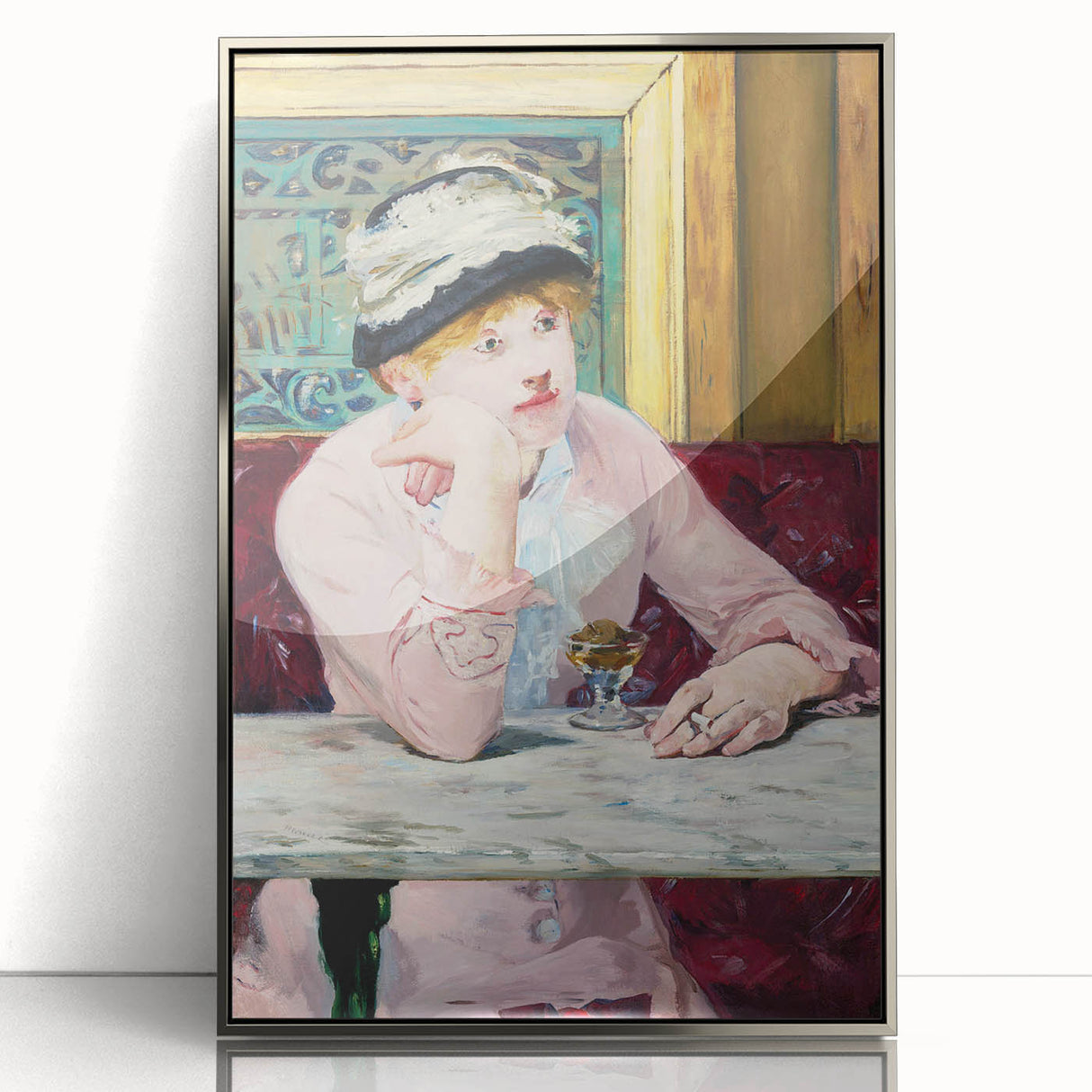 Mid-century modernist art depicting a café scene in muted colors, framed in silver acrylic.