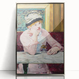 Mid-century modernist art depicting a café scene in muted colors, framed in silver acrylic.