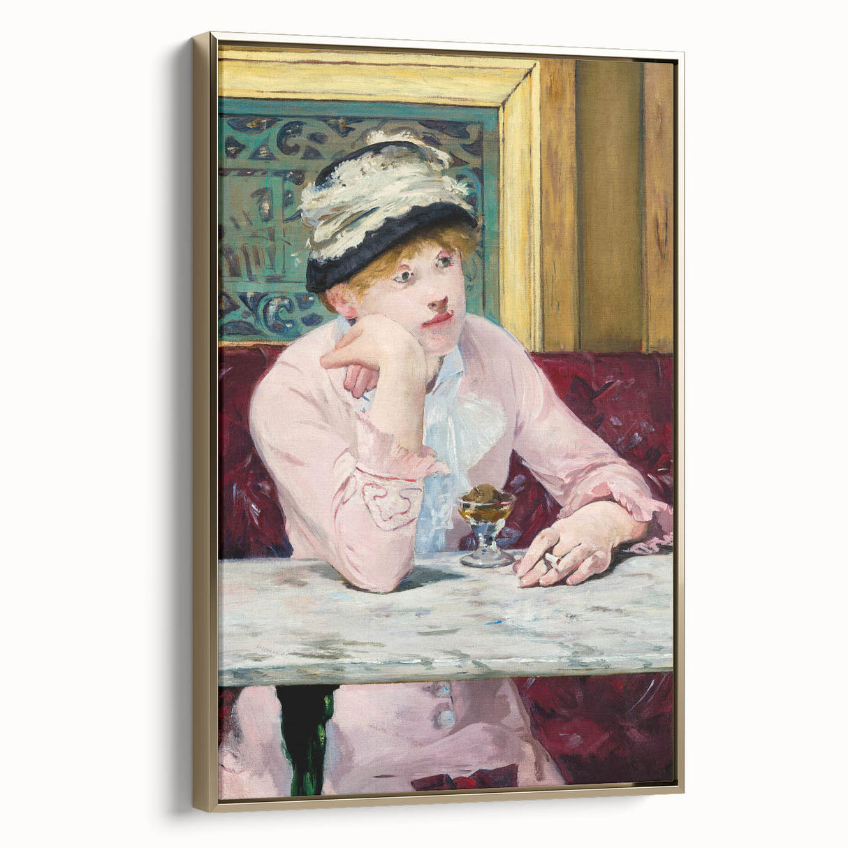 Vintage poster art depicting a landscape painting on a black framed canvas, ideal for bedroom wall decor.