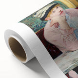 Art deco poster of a serene park scene in soft green and beige tones on rolled canvas, ideal for nursery wall art.