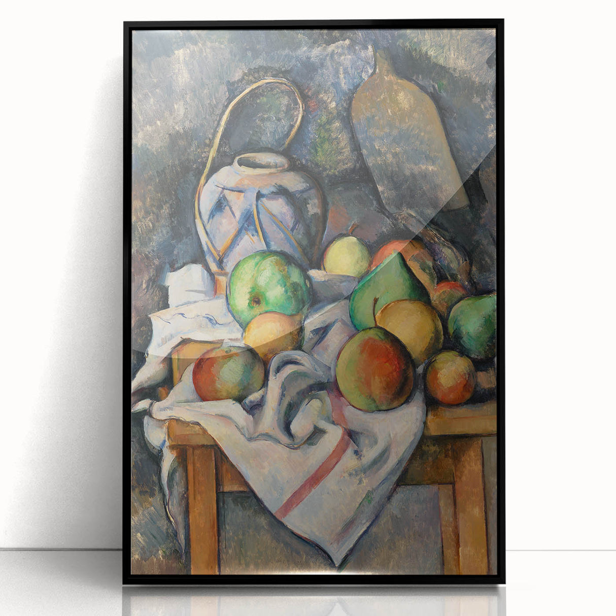 Large abstract wall art featuring a Paul Cézanne design in muted blues and greens, framed in black acrylic.