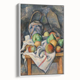 Vintage poster art of Paul Cezanne's painting in a white frame, featuring vibrant, colorful art on black background.