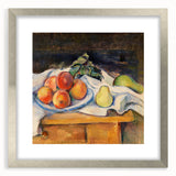 Abstract textured art print by Paul Cezanne in muted earth tones, framed in silver, suitable for bedroom decor.