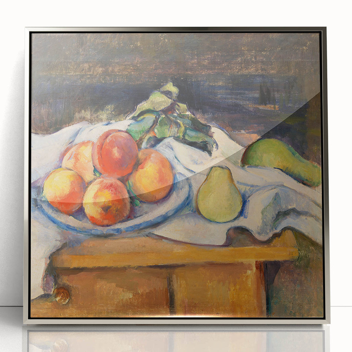 Mid-century modernist art of Paul Cezanne in acrylic, with muted earth tones, framed in silver.