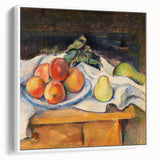 Vintage poster art of a Paul Cézanne painting in a white frame, featuring colorful fruit still life.