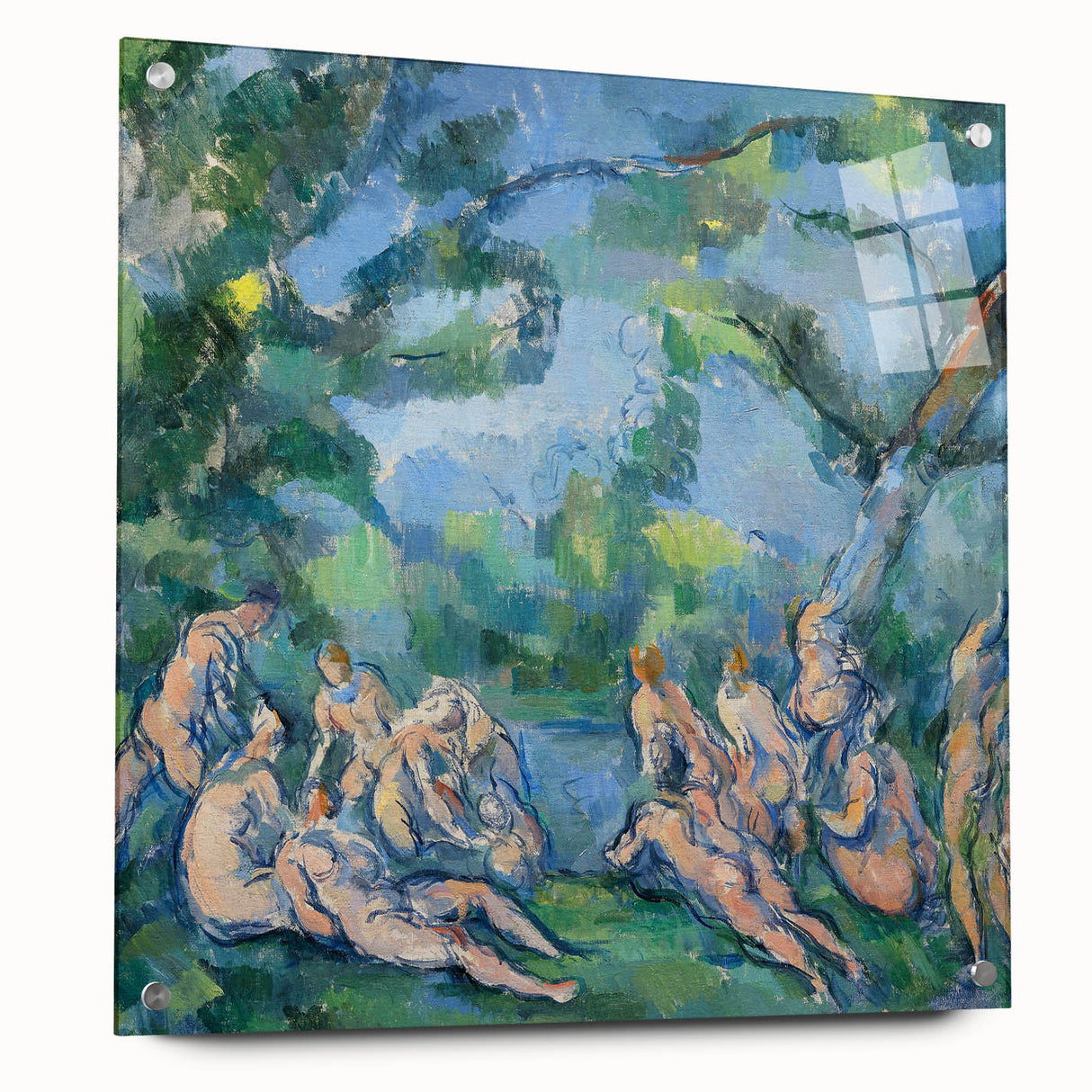 Acrylic print of a Paul Cézanne landscape with muted greens and blues, ideal for dining room decor.