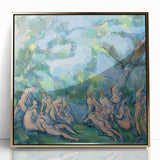 Acrylic print of Paul Cézanne's artwork in a gold frame, featuring mid-century modernist style with muted earth tones.