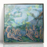 Mid-century modernist art by Paul Cezanne, featuring a landscape in muted green and blue tones on a framed acrylic print.