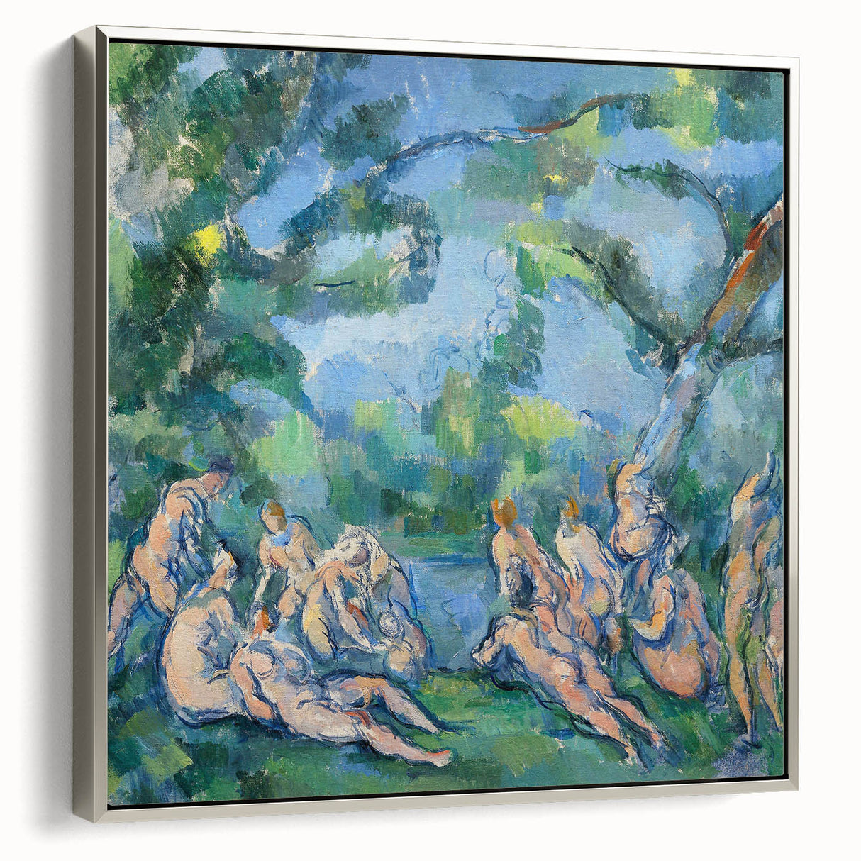 Landscape art painting by Paul Cézanne featuring a colorful countryside scene, framed in silver.