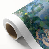 Art deco poster of a Paul Cézanne landscape on rolled canvas, featuring muted greens and blues.