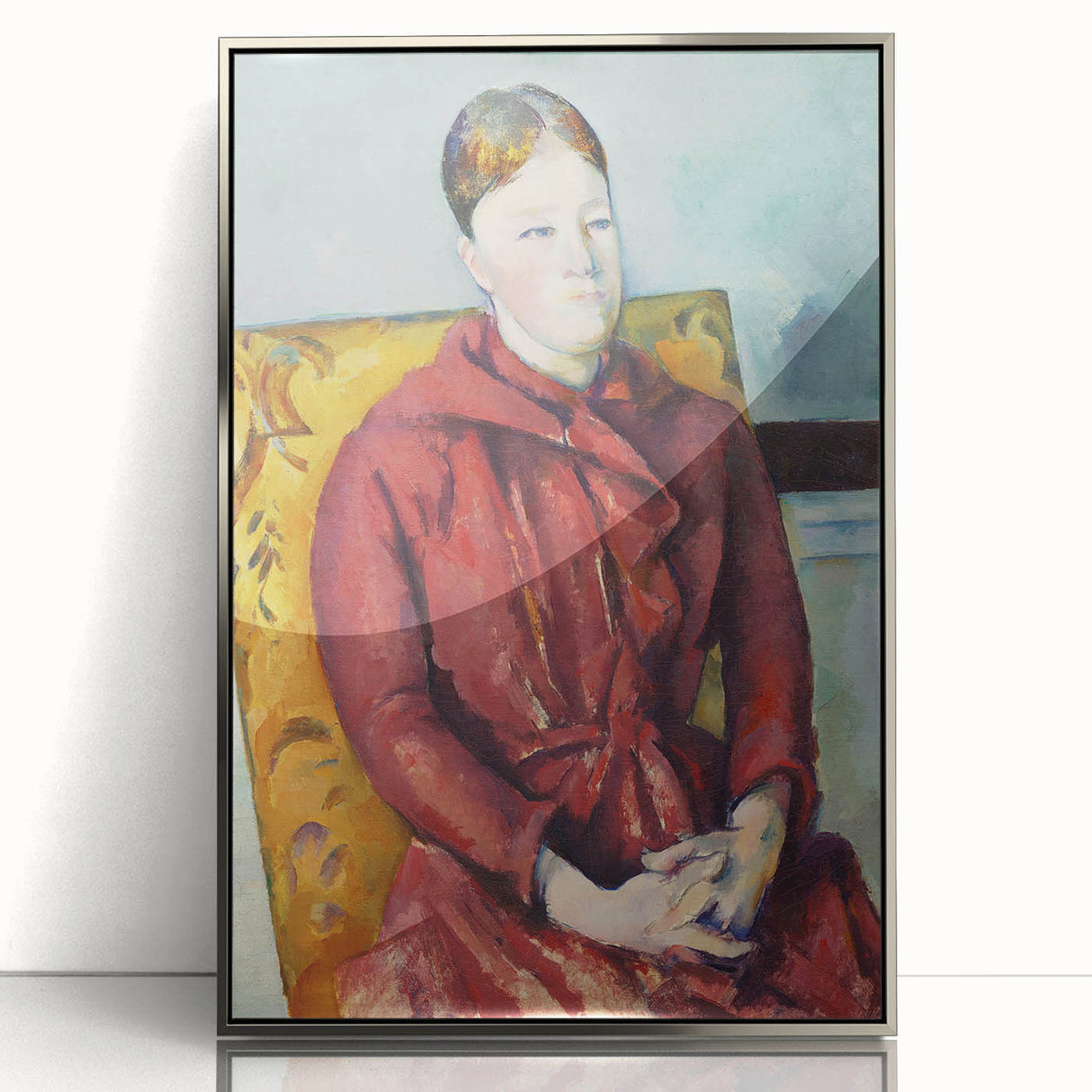 Mid-century modernist art by Paul Cézanne, featuring muted colors and abstract shapes, framed in silver acrylic.