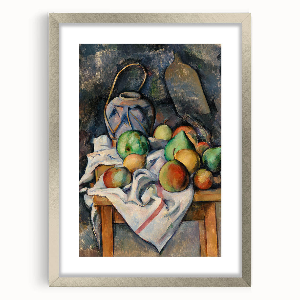 Abstract textured art print of geometric shapes in muted earth tones on a silver-framed canvas, suitable for bedroom decor.