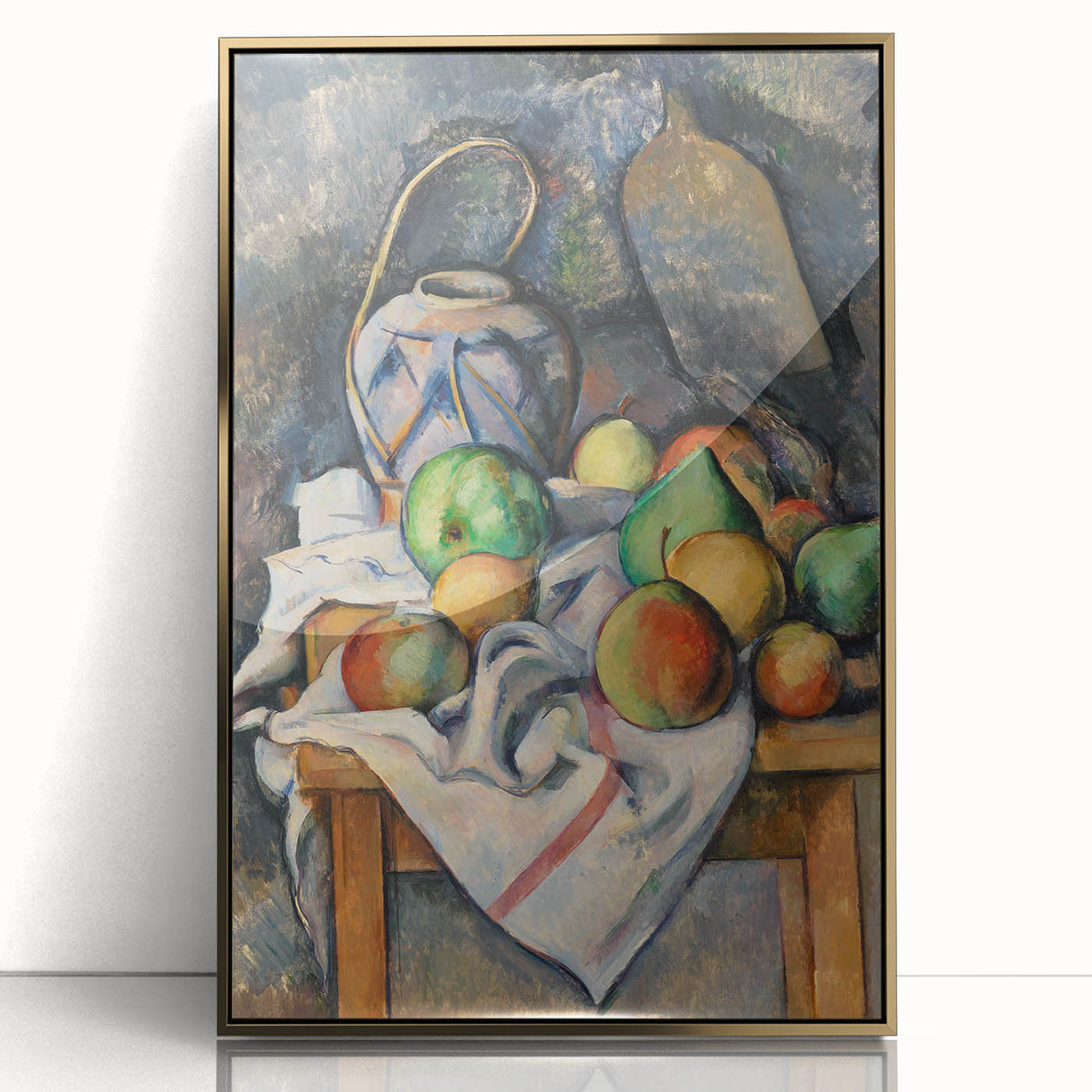 Large art print of Paul Cézanne's landscape in a gold frame, featuring mid-century modernist style.