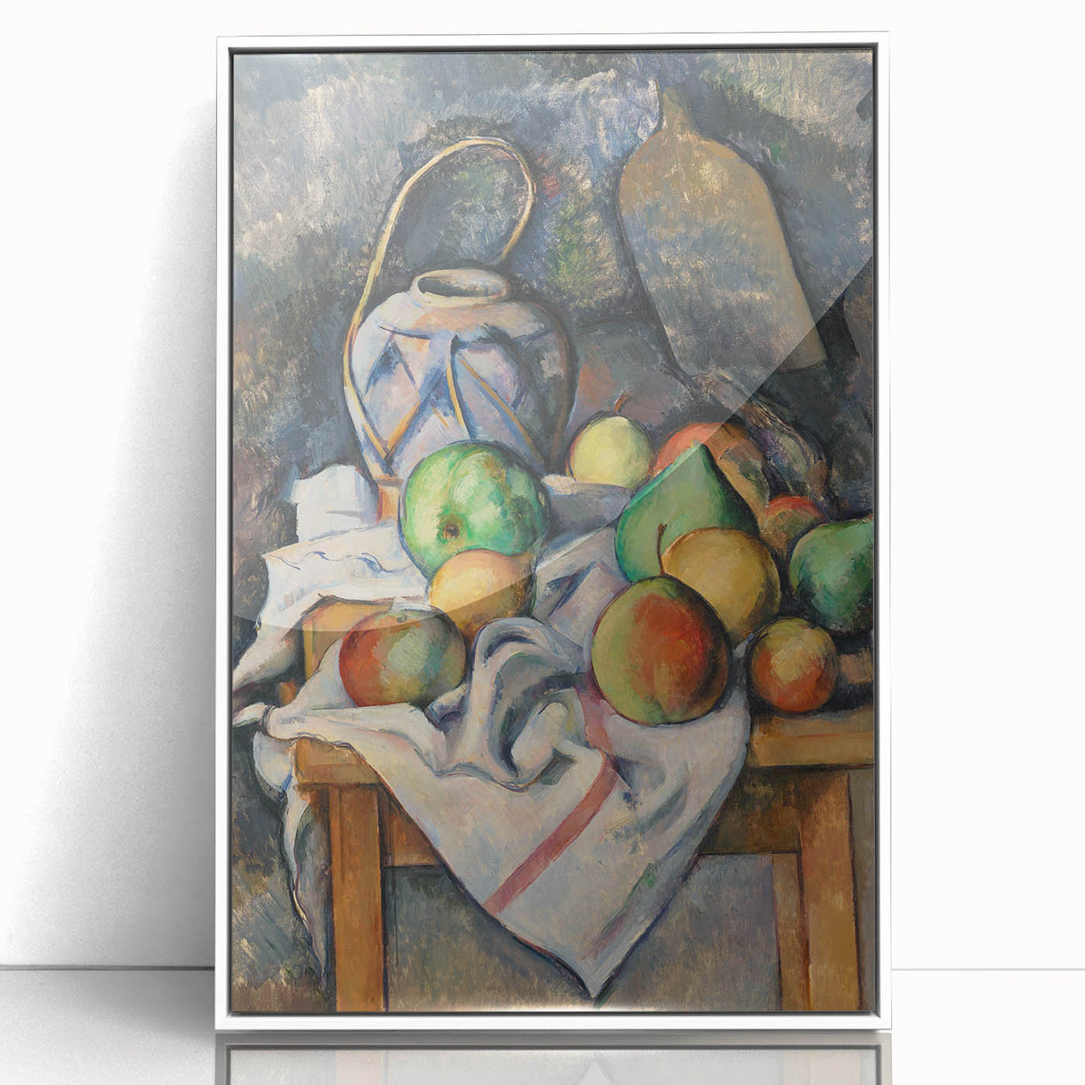 Art deco poster of Paul Cézanne’s landscape, muted green and blue tones on framed acrylic, ideal for modern art wall decor.