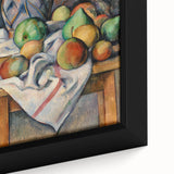 Close-up of a black framed canvas featuring a colorful, textured Paul Cézanne painting, ideal for a living room.