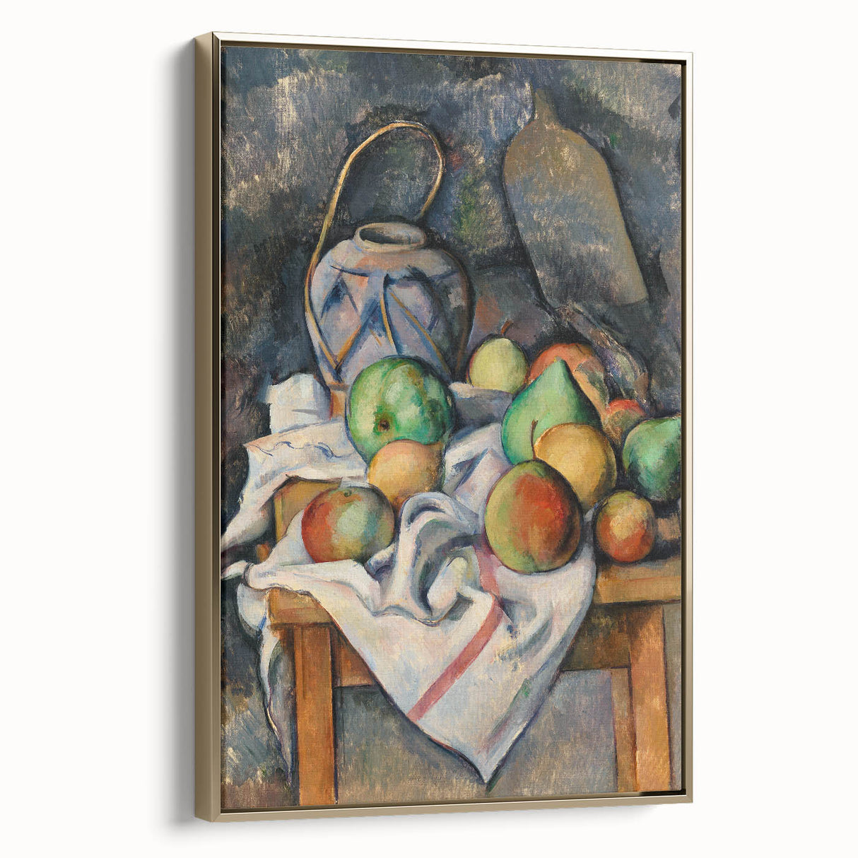 Vintage poster art of a landscape painting on framed canvas, featuring a black and gold color scheme.