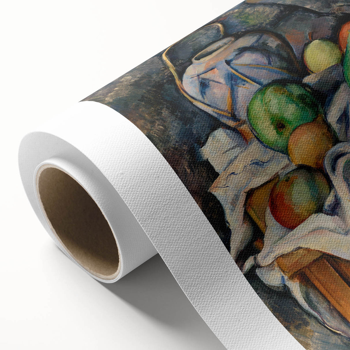 Art Deco poster featuring a Paul Cézanne design on rolled canvas, displaying vivid fruit and tableware.