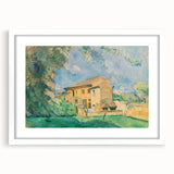 Abstract art print of Paul Cézanne's landscape in muted green and blue tones, framed with a white mat.