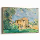Vintage poster art of a Paul Cézanne landscape painting on a gold-framed canvas, ideal for bedroom wall art.