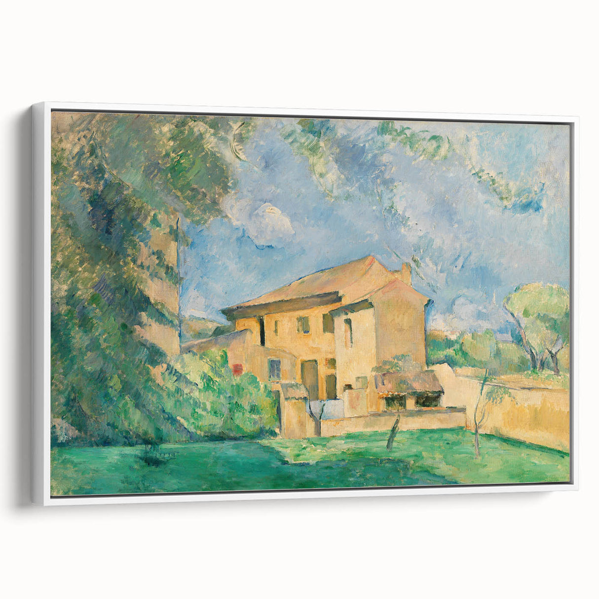 Vintage poster art of a colorful Paul Cézanne painting in a white frame, ideal for extra large living room wall decor.