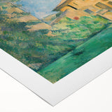 Art deco poster featuring a muted palette of greens and oranges, depicting a landscape scene, on rolled canvas.