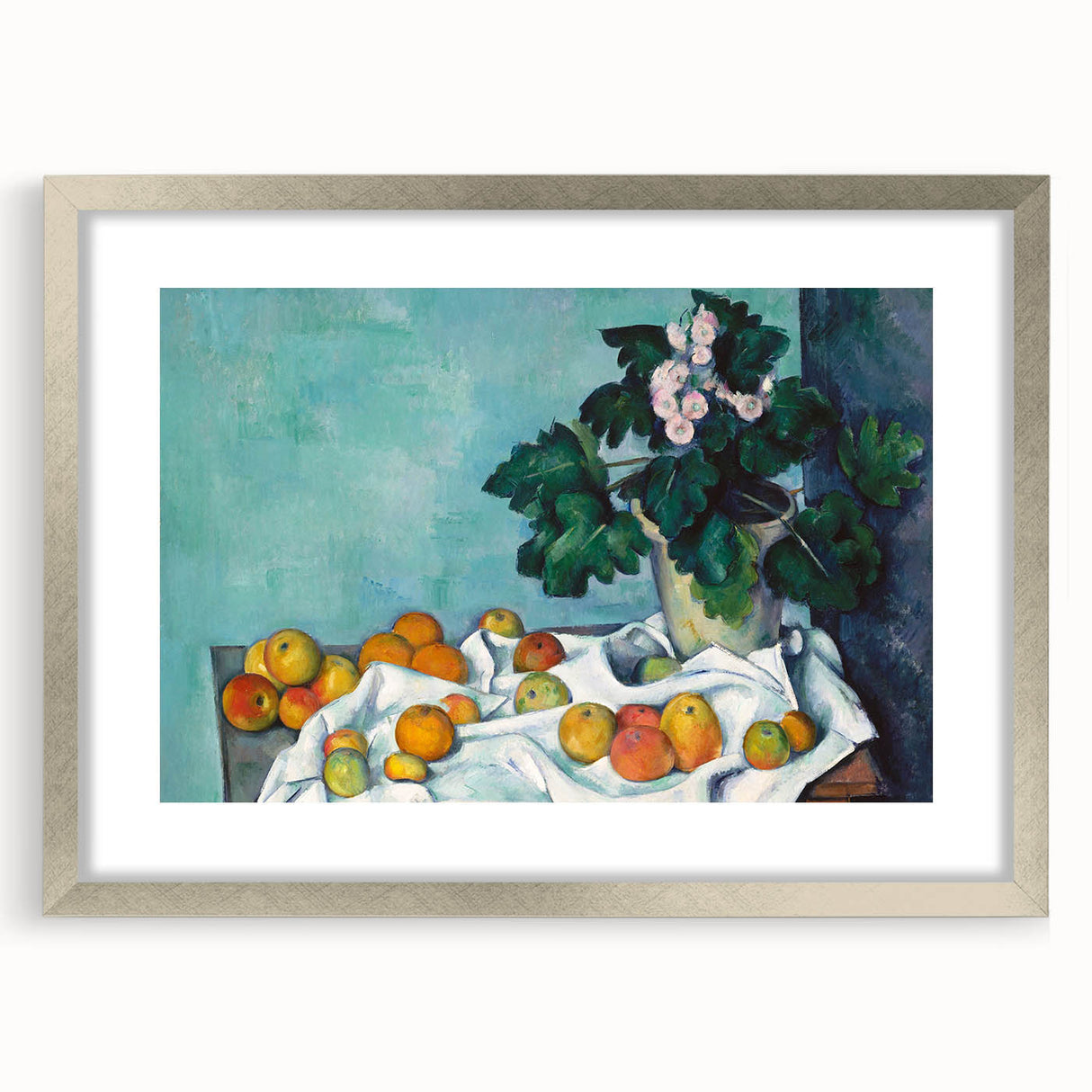 Textured abstract art print of a Paul Cézanne-style scene in muted earth tones, framed in silver, ideal for bedroom ambiance.