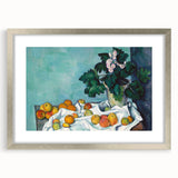 Textured abstract art print of a Paul Cézanne-style scene in muted earth tones, framed in silver, ideal for bedroom ambiance.