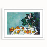Abstract art print of Paul Cézanne's design on white-framed canvas, featuring muted earth tones, ideal for dining room decor.