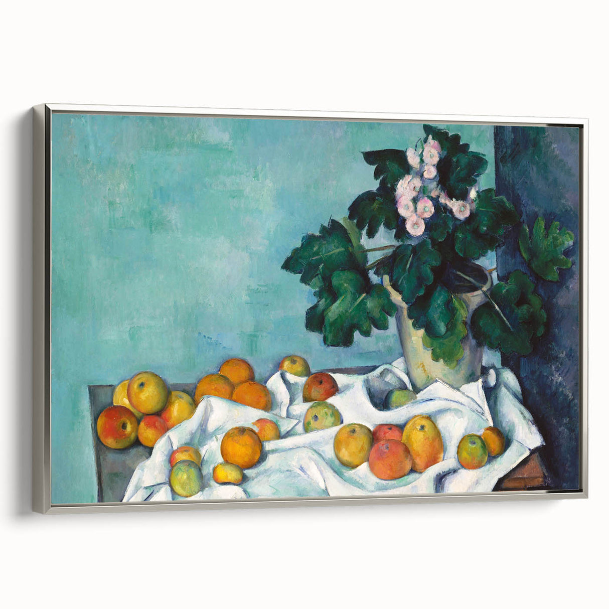 Framed canvas of a Paul Cézanne landscape painting featuring muted earth tones, ideal for vintage-style living room decor.