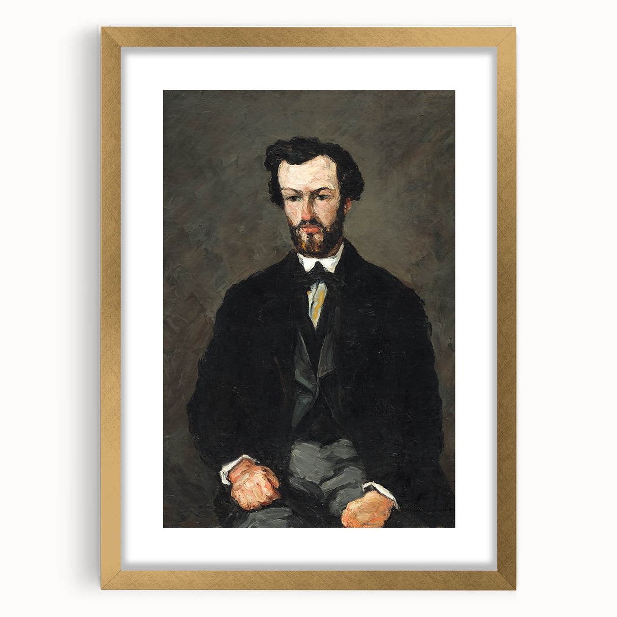 Extra large abstract art print of a textured Paul Cézanne design in a gold frame, suitable for living room decor.