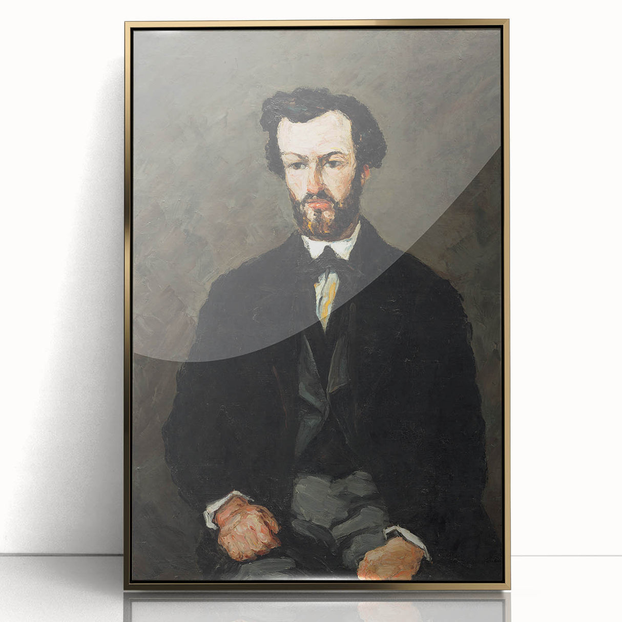 Large art print of Paul Cézanne’s work in gold frame, featuring muted earth tones.
