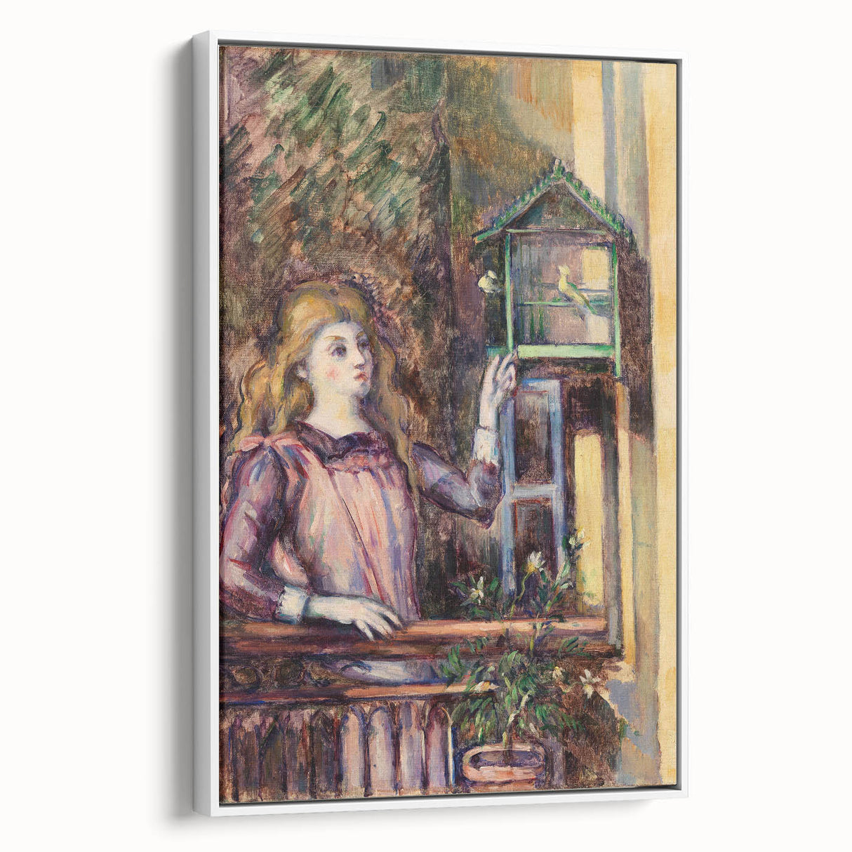 Vintage poster art of a colorful Paul Cézanne painting, framed canvas in white, ideal for living room decor.