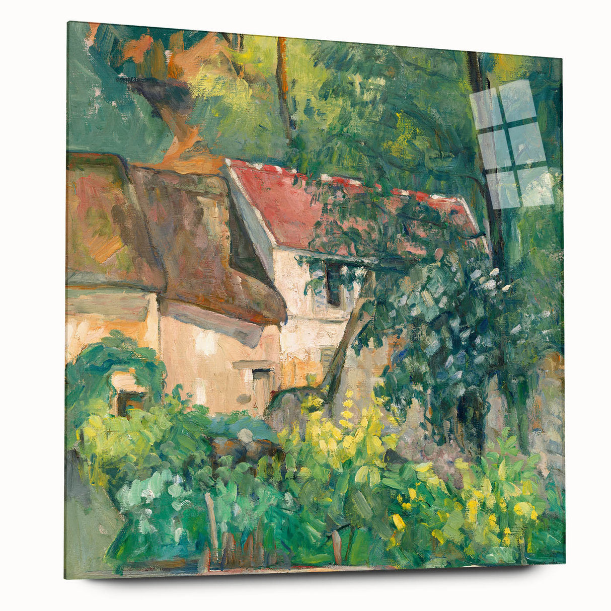 Large abstract art print of Paul Cézanne's work on acrylic glass, featuring earthy and green tones.