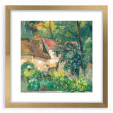 Extra large abstract art print of a Paul Cézanne design, featuring textured brush strokes in earth tones, framed in gold.