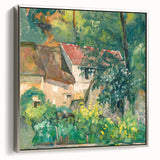 Framed canvas of a Paul Cézanne landscape painting featuring colorful foliage and a black background.