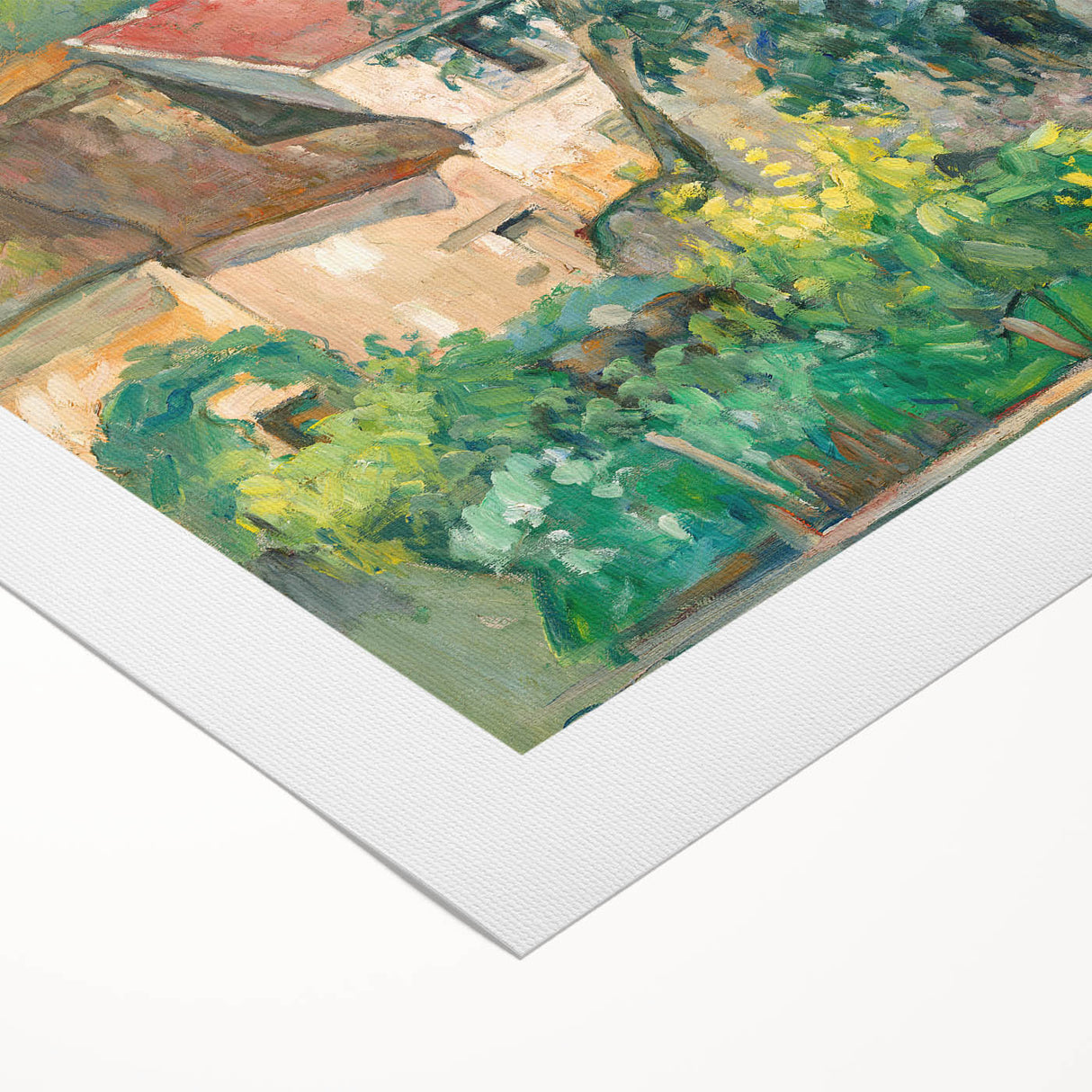 Art deco poster featuring a Paul Cézanne landscape in muted green and blue tones on a rolled canvas.