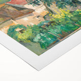 Art deco poster featuring a Paul Cézanne landscape in muted green and blue tones on a rolled canvas.