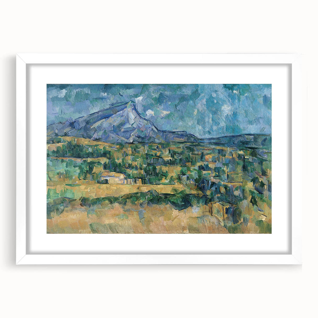 Abstract art print of Paul Cézanne's work in muted tones on white-framed canvas, ideal for dining room decor.