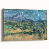 Vintage poster art of a black-framed landscape painting, ideal for bedroom wall art, featuring muted earth tones.
