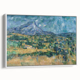 Vintage poster art of Paul Cézanne's painting in a white frame, featuring vibrant, colorful art on black background.