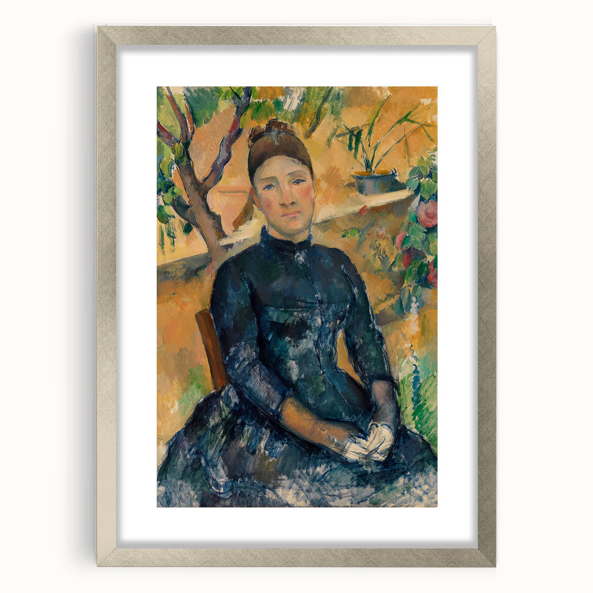 Textured abstract art print by Paul Cézanne in silver frame, featuring muted earth tones, ideal for bedroom wall decor.